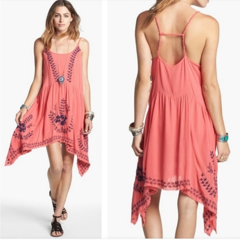 Free People Coral and Navy Embroidered Dress
